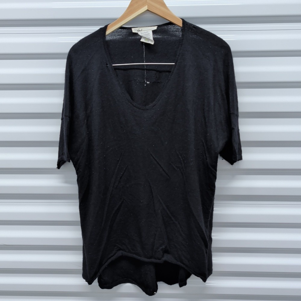 Paychi Guh Top OS Womens Black 100% Cashmere V-Neck Oversized Short Sleeve Knit — photo 2